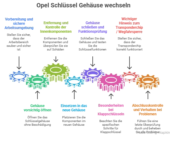 Schritt-für-Schritt Anleitung zum sicheren Austausch des Opel Schlüsselgehäuses, inklusive Kontrolle der Innenkomponenten, Einsetzen in das neue Gehäuse und Funktionsprüfung.