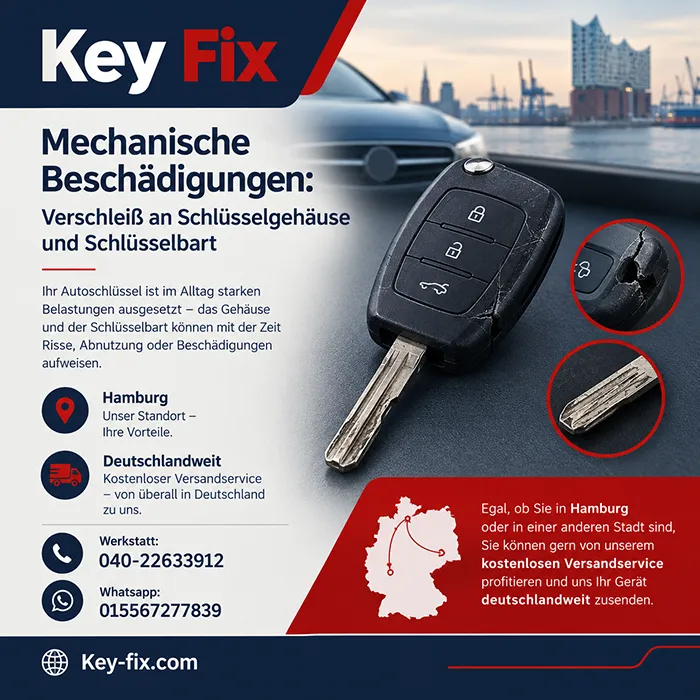 Mechanische Beschädigungen Verschleiß an Schlüsselgehäuse und Schlüsselbart