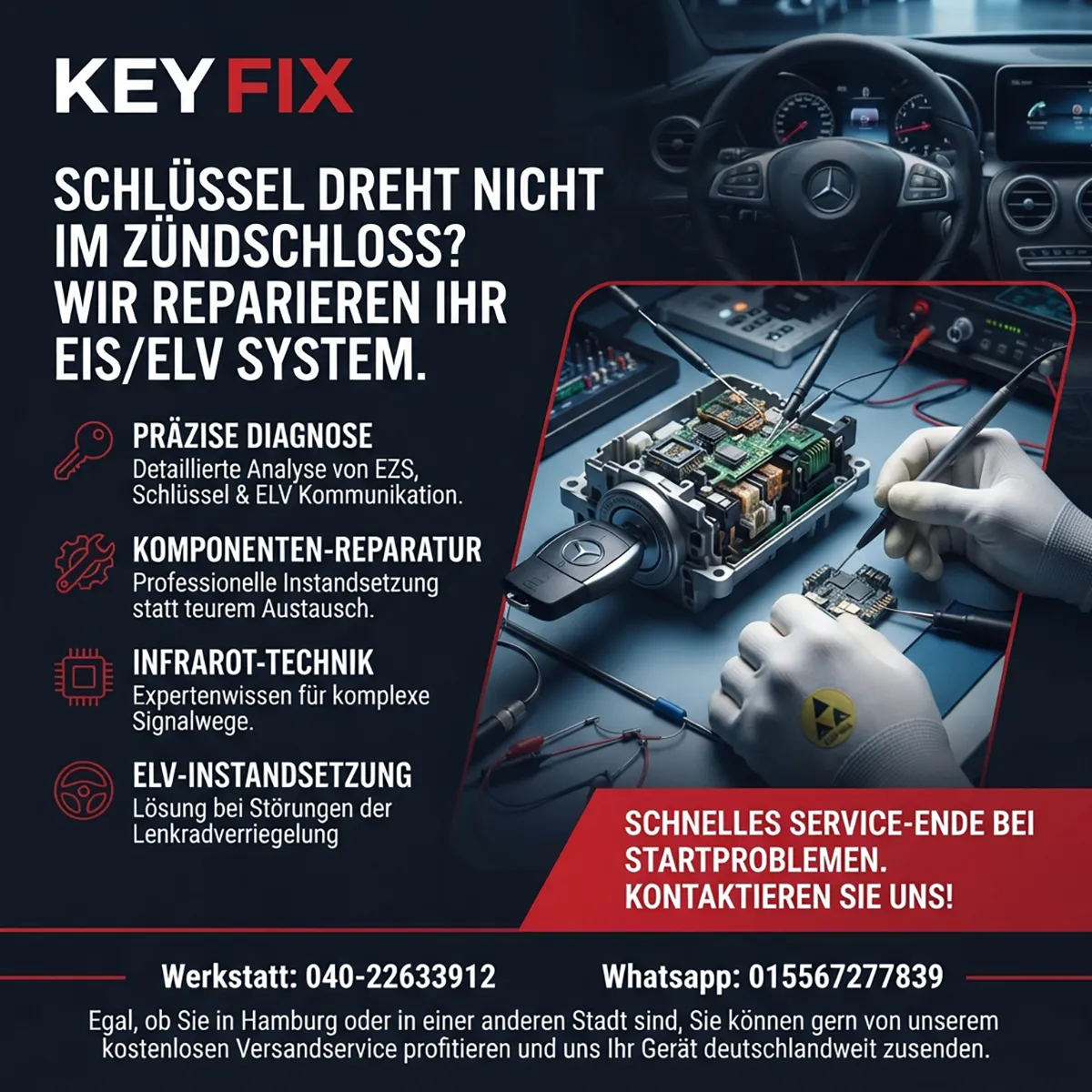 Infografik: Mercedes Schlüssel dreht nicht im Zündschloss – Diagnose und Reparatur von EZS und ELV