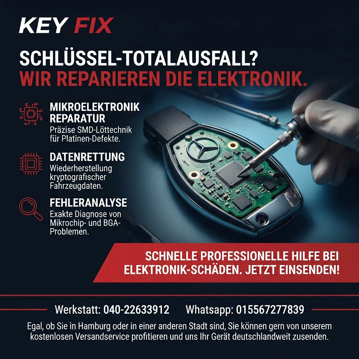 Infografik: Totalausfall der Mercedes Schlüsselplatine – geöffneter Schlüssel mit Platine bei der Elektronikreparatur