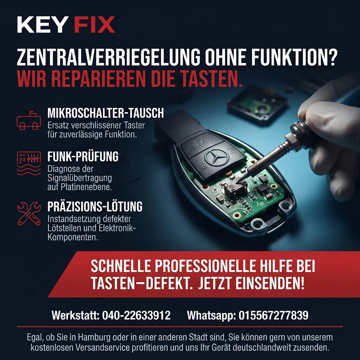 Infografik: Zentralverriegelung ohne Funktion – Mikroschalter-Tausch an der Platine eines Mercedes Schlüssels