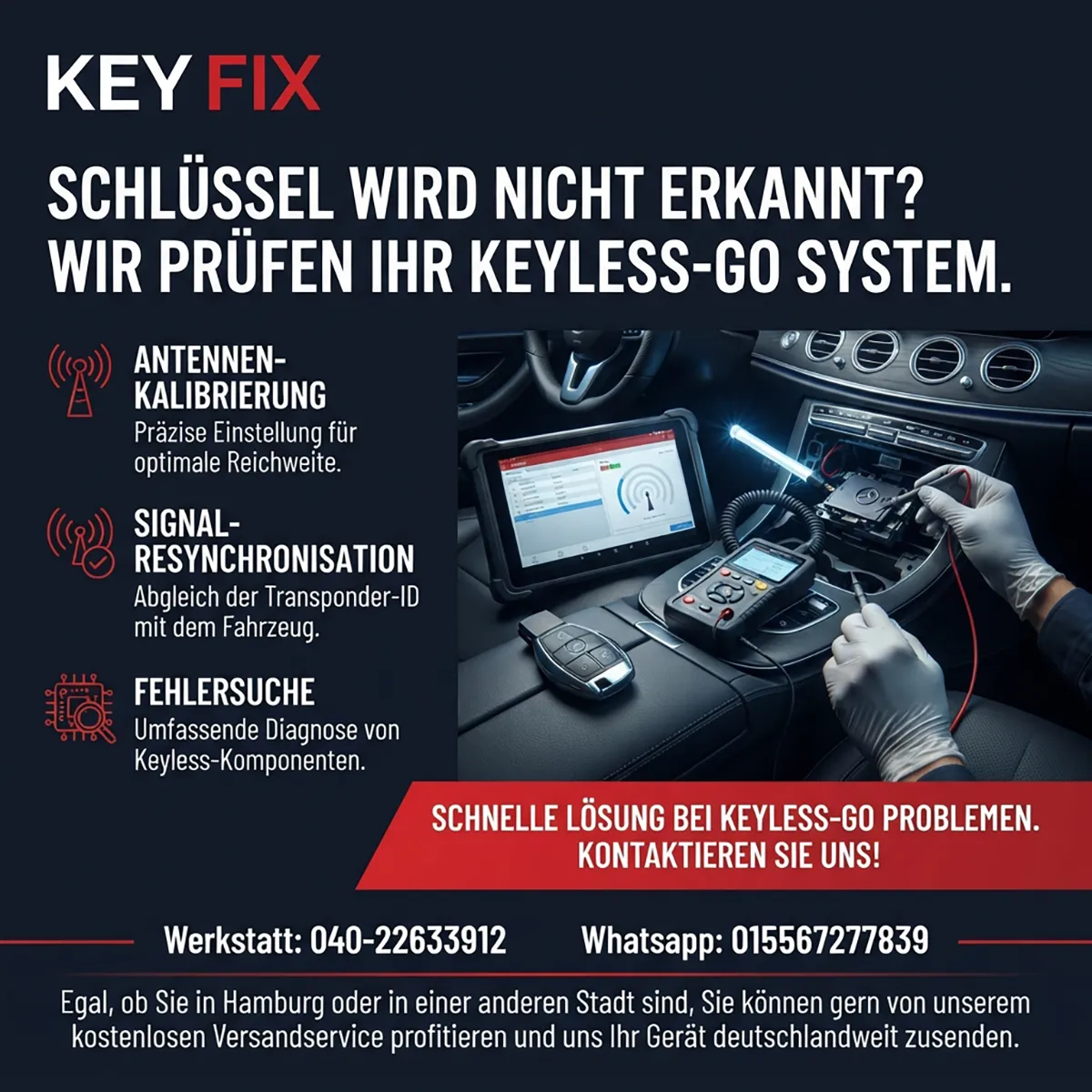 Infografik: Mercedes Schlüssel wird nicht erkannt – Prüfung des Keyless-Go-Systems mit Diagnosegerät