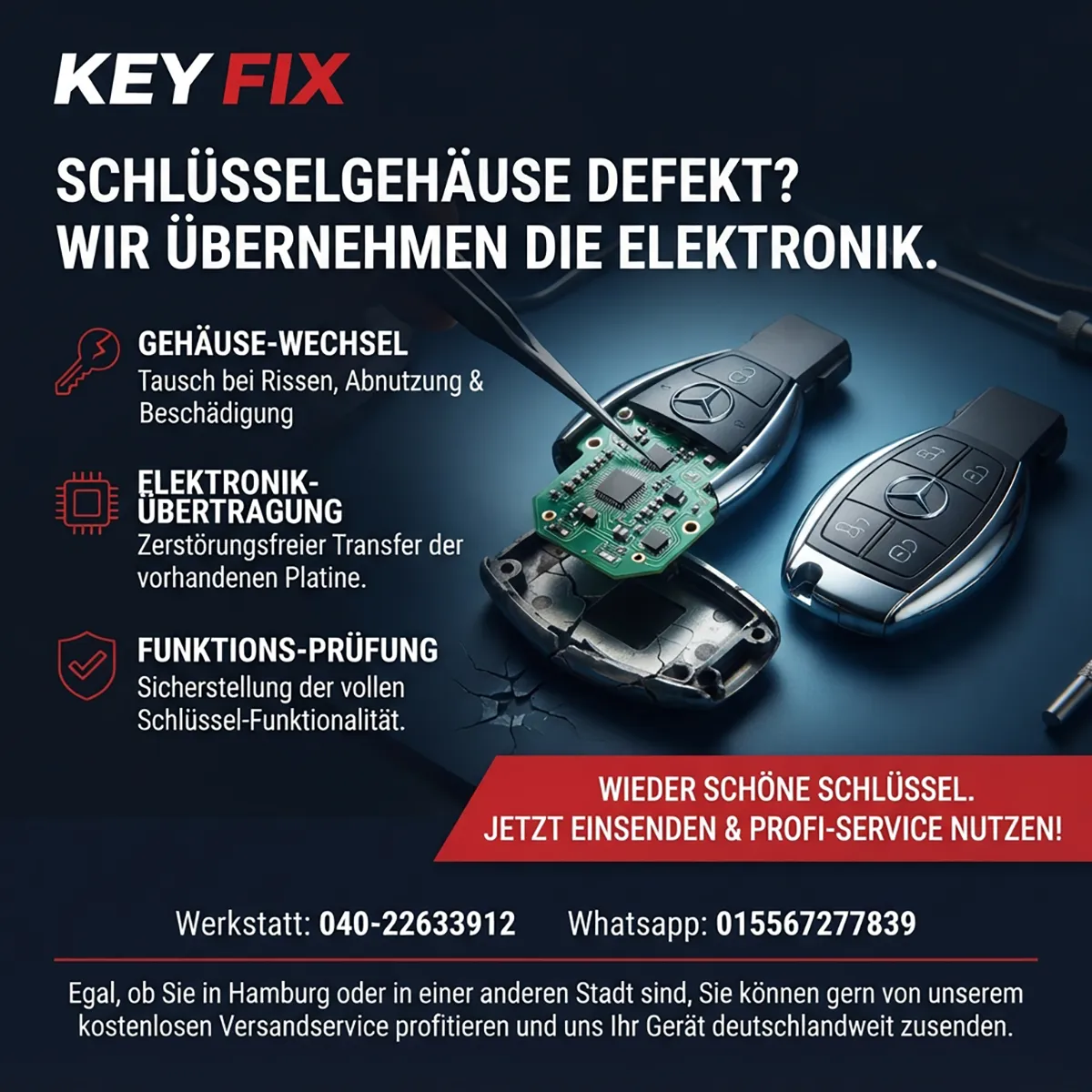 Infografik: defektes Mercedes Schlüsselgehäuse – Übernahme der Platine in ein neues Gehäuse