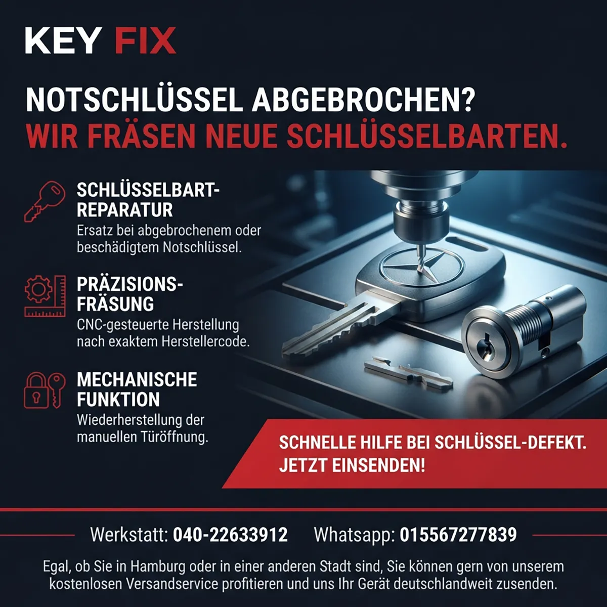 Infografik: abgebrochener Mercedes Notschlüssel – Fräsen eines neuen Schlüsselbarts