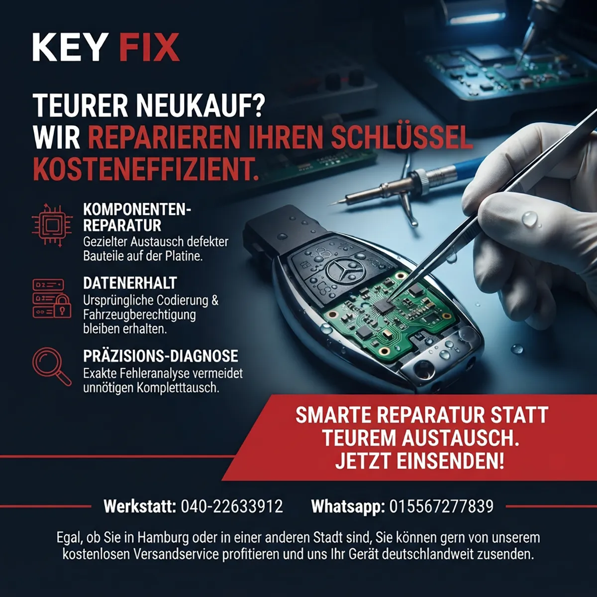 Infografik: Mercedes Schlüssel reparieren statt neu kaufen – geöffneter Schlüssel mit Platine